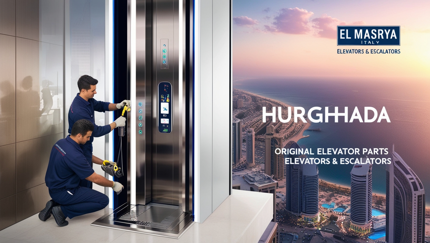 تركيب مصعد حديث في أحد المباني السكنية في الغردقة، مع إبراز العلامة التجارية المصرية الإيطالية للمصاعد والسلالم المتحركة، مما يعكس الجودة والابتكار في خدماتها.